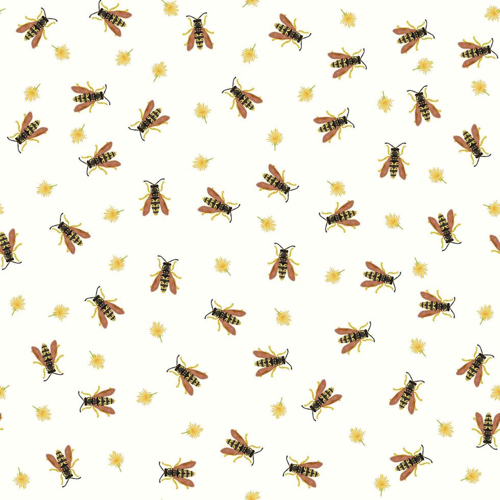 Floral seamless pattern with wasp insects on a white background and yellow flower bud. vector