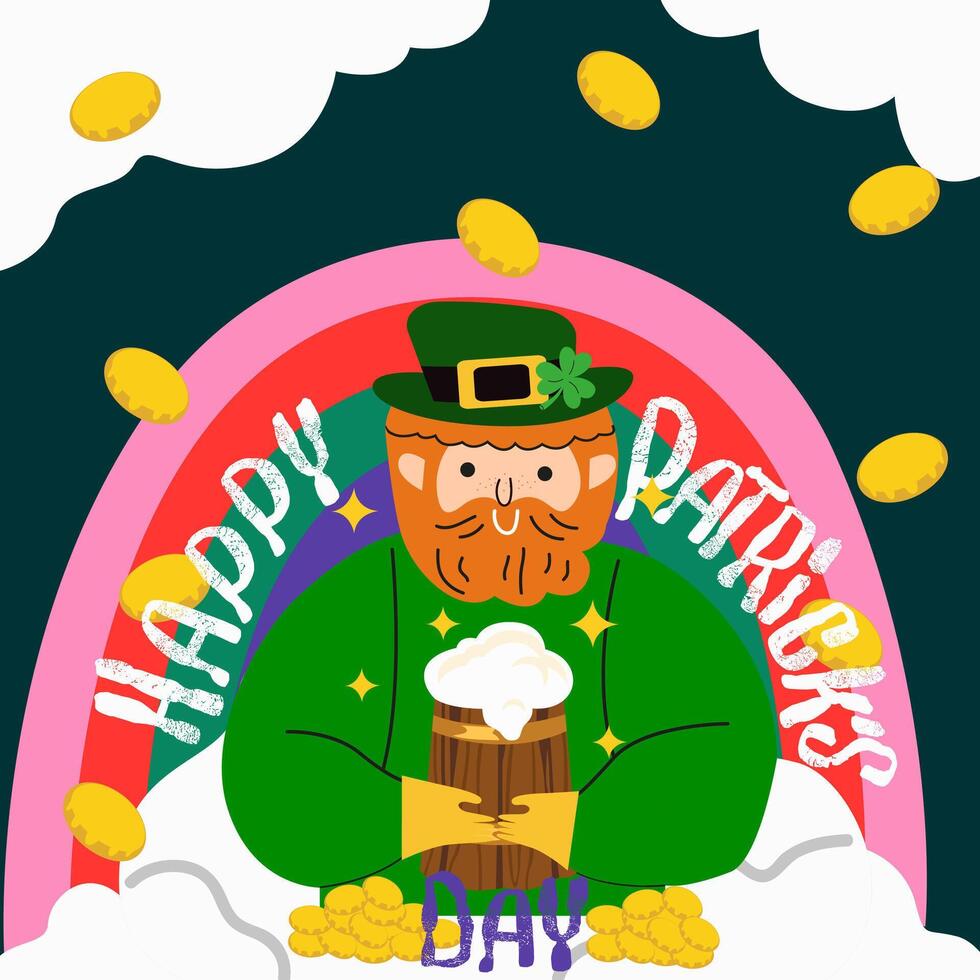 A cute cartoon leprechaun character hugs a mug of beer, rainbow and coins vector