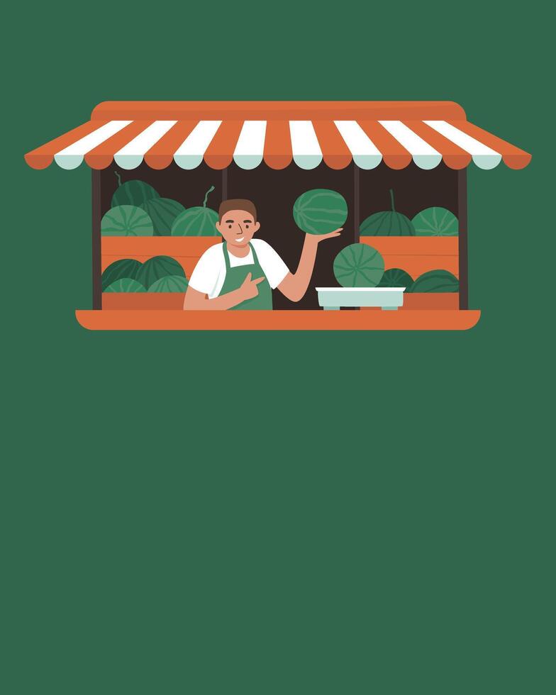 Banner with farmer selling fresh watermelons at kiosk vector