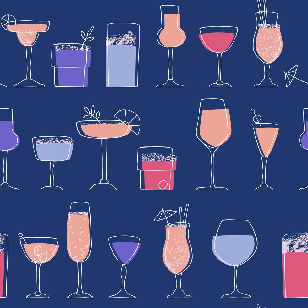 Seamless pattern with glasses and goblets of alcoholic drinks standing in a row vector