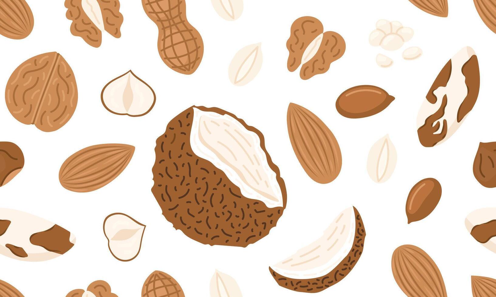 Assorted nuts and seeds seamless pattern. Walnut, almond, hazelnut, peanuts dry, pistachio, coconut, macadamia and sunflower seed. Vegan food ingredients background. illustration vector