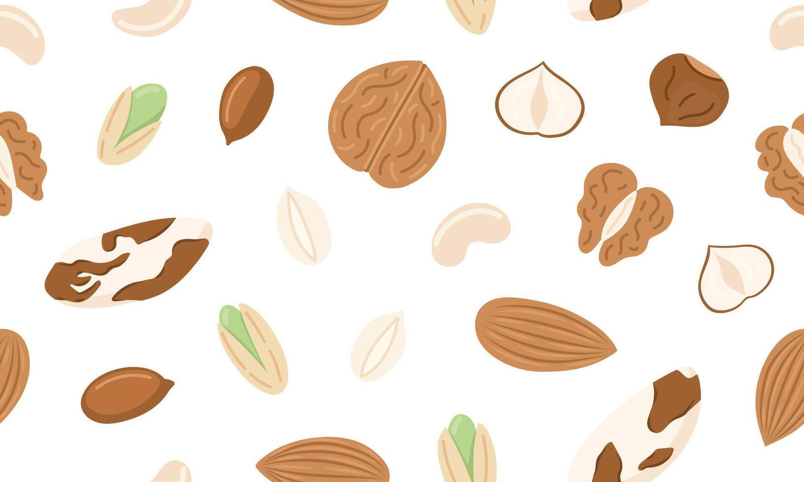 Assorted nuts and seeds seamless pattern. Walnut, almond, hazelnut, peanuts dry, pistachio. Vegan food ingredients background. illustration vector
