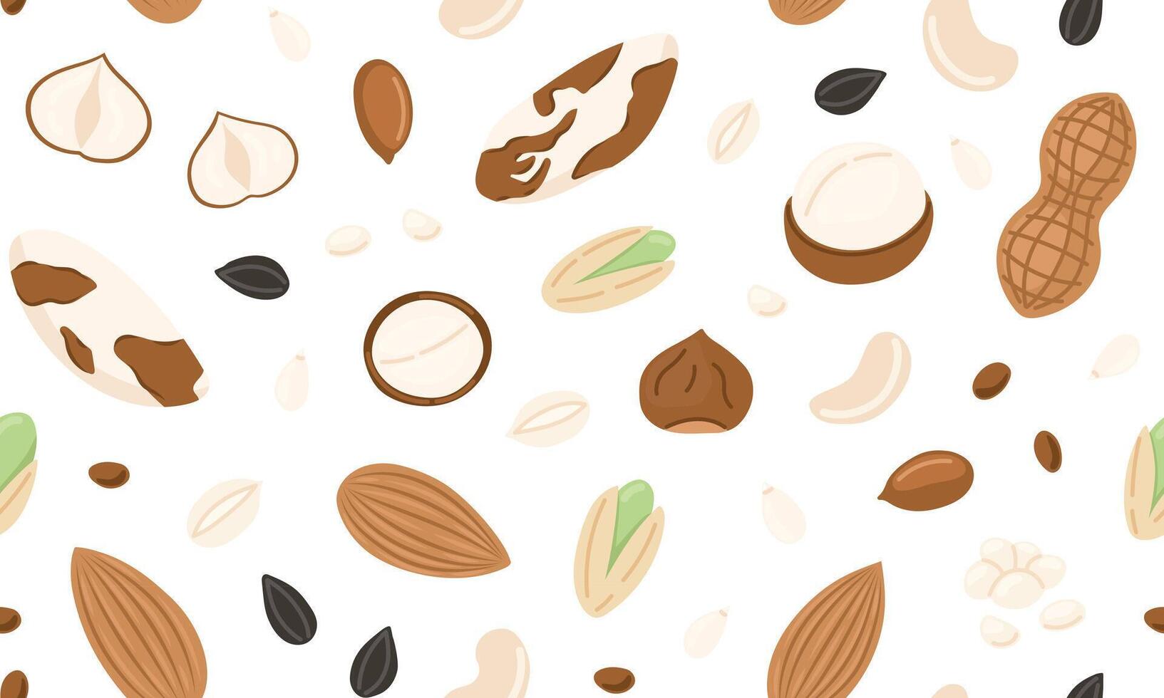 Assorted nuts and seeds seamless pattern. Walnut, almond, hazelnut, peanuts dry, pistachio, macadamia and sunflower seed. Vegan food ingredients background. illustration vector