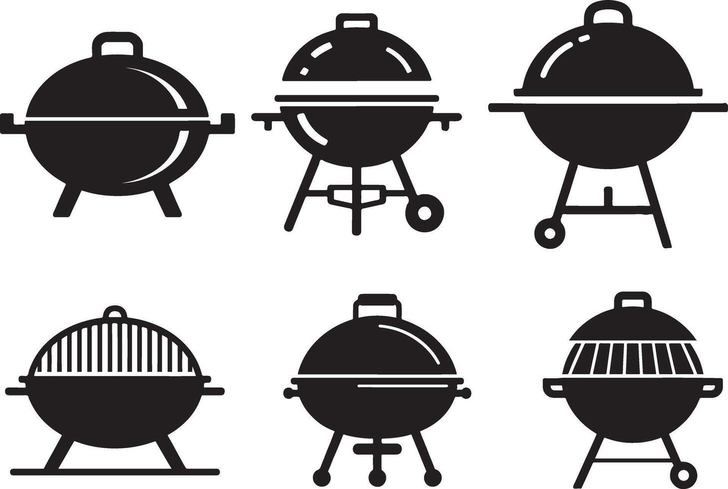 black silhouette BBQ icons depicts various types of barbecue grills vector