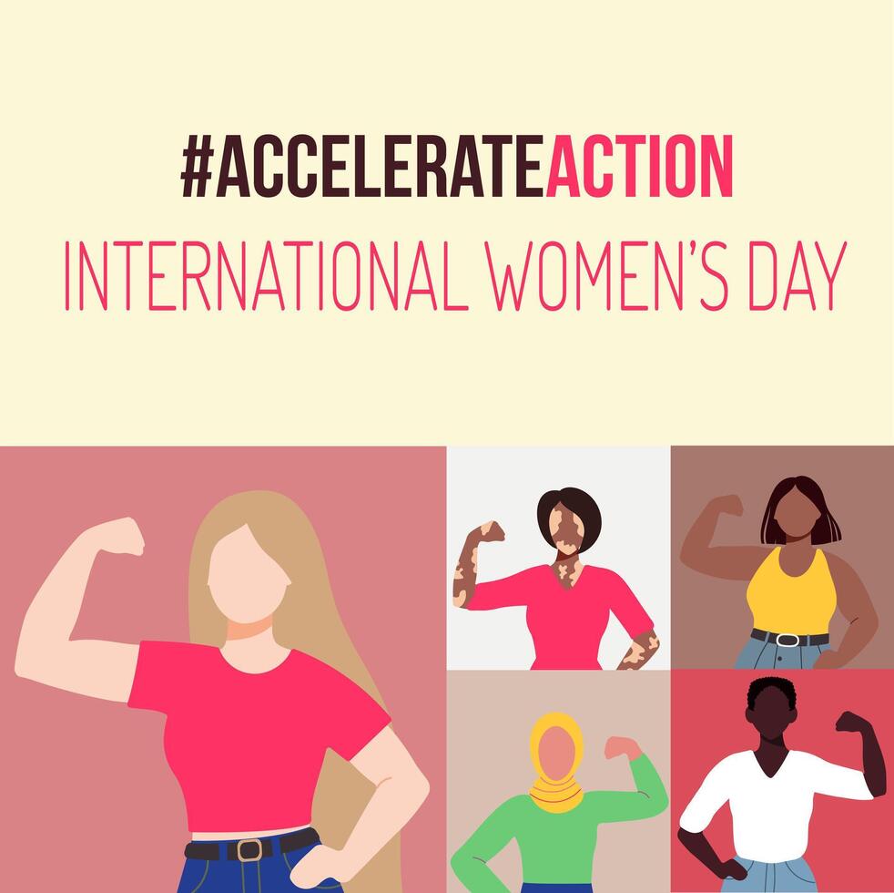 The image is a collage of women with different skin tones and features a pink background. The image is titled International Women's Day vector