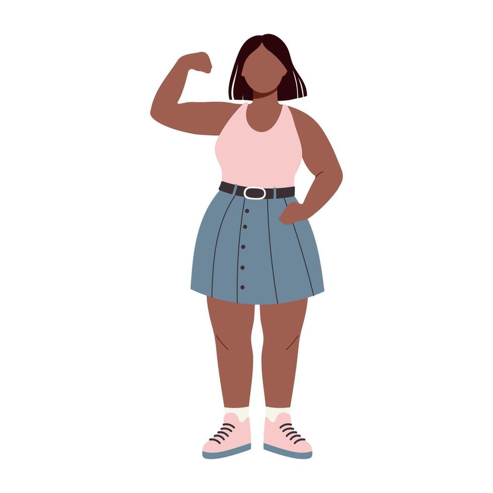 A woman with a strong arm is wearing a pink shirt and blue jeans. She is standing on a white background vector