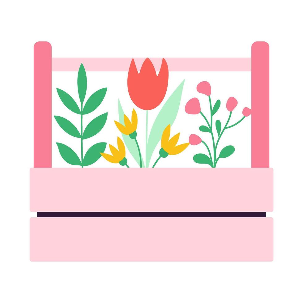A flower basket with a variety of flowers including a tulip. The basket is pink and has a cartoonish style vector