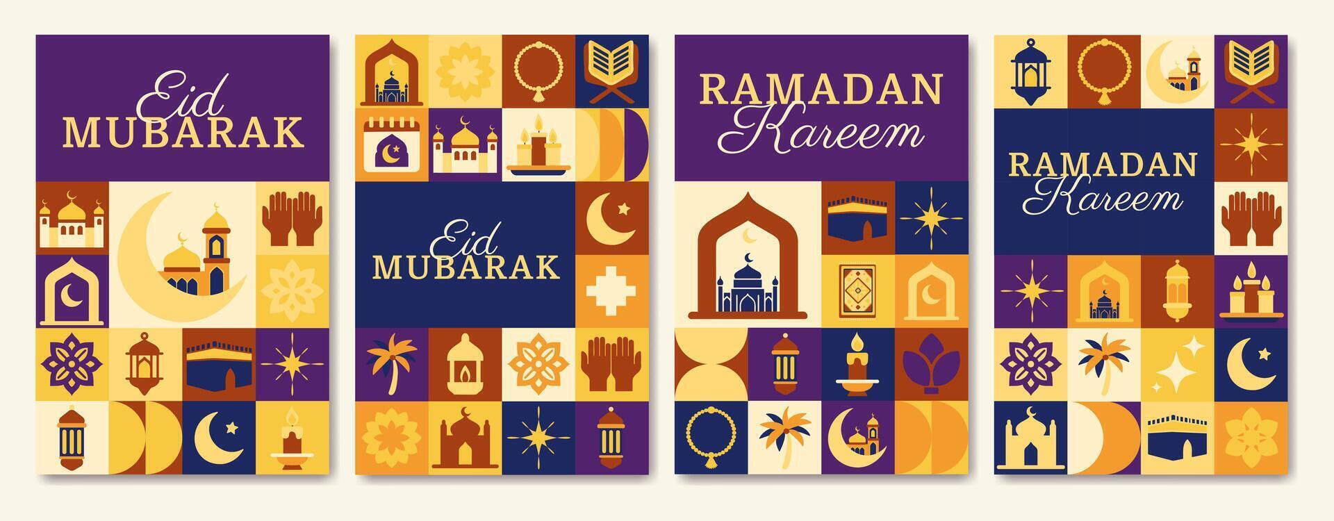A set of four posters with a theme of Ramadan. Each poster has a different design, but they all feature Islamic symbols and imagery vector