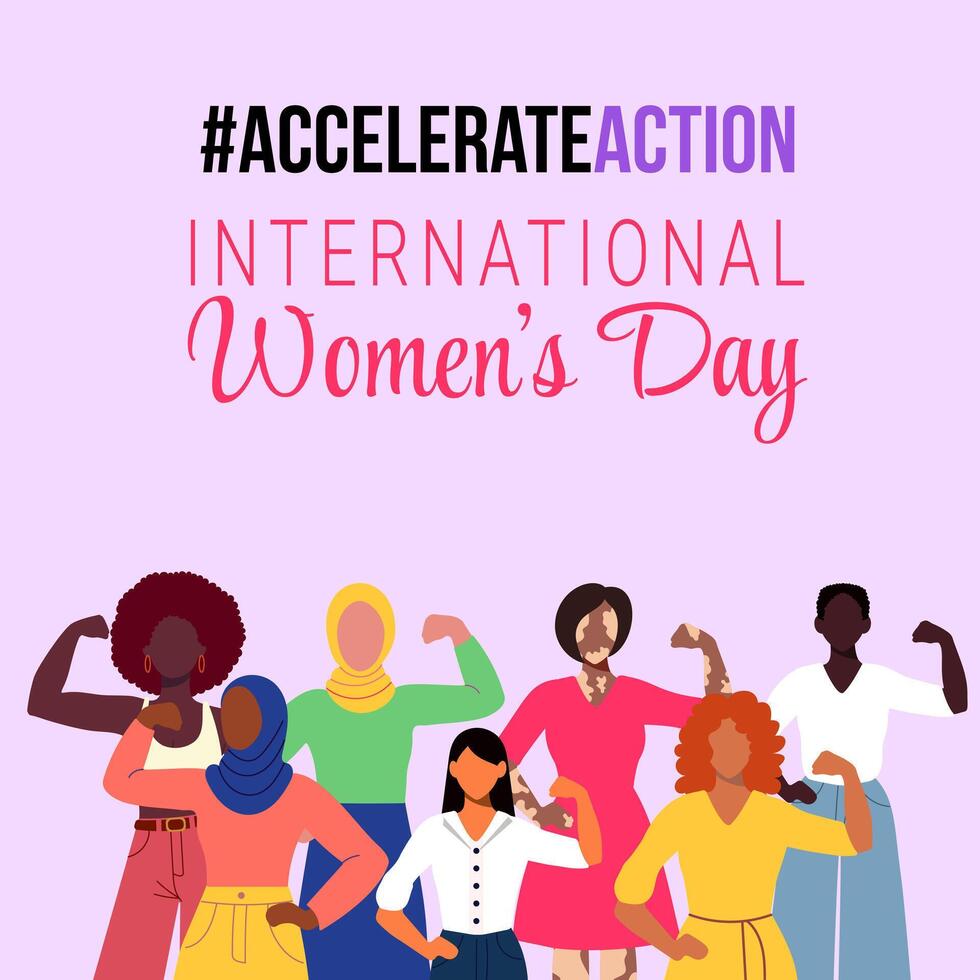 A poster for International Women's Day featuring a group of people with the caption Accelerate Action vector