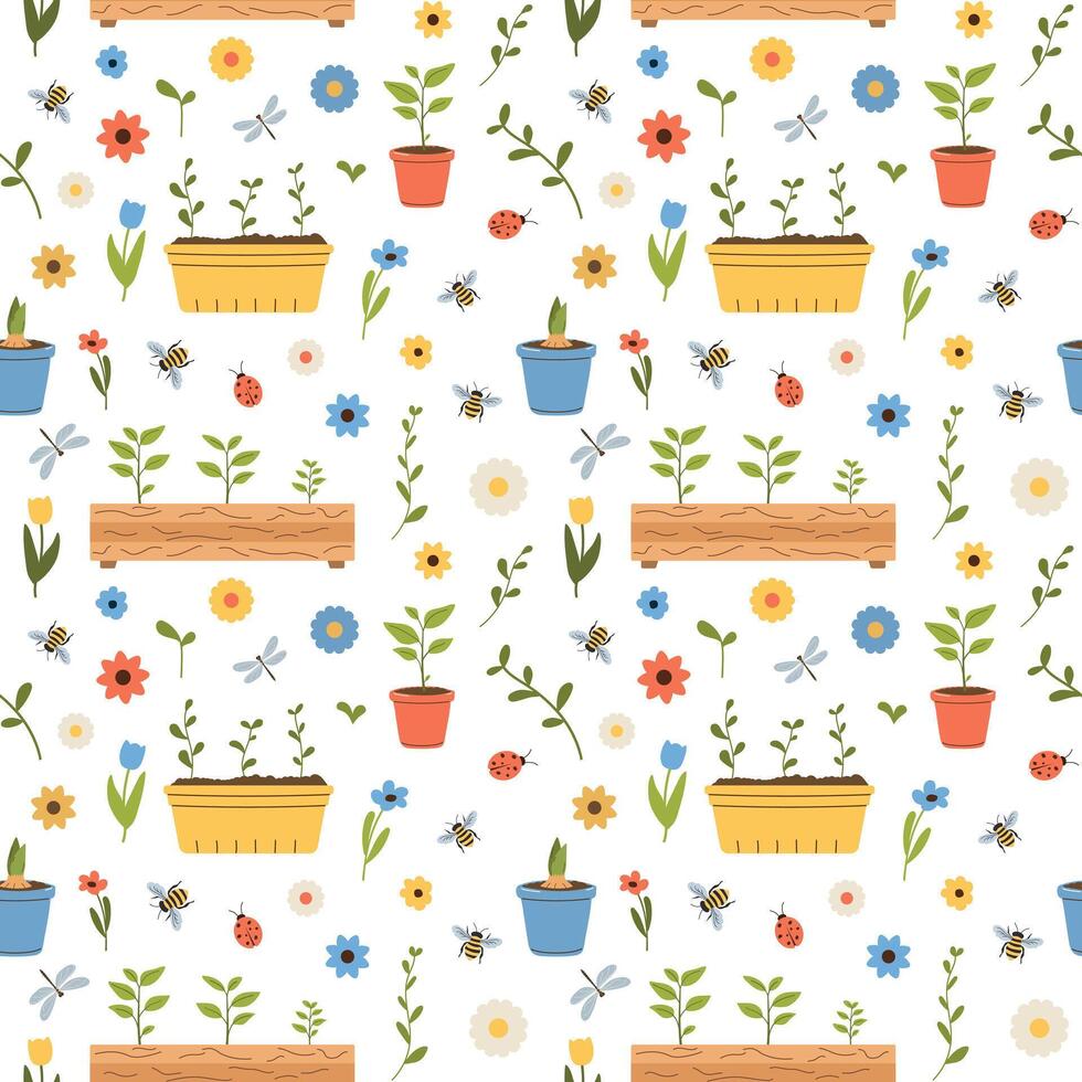 Spring garden seamless pattern with flower pots, and insects. Cartoon garden floral wallpaper. Isolated on white background. vector