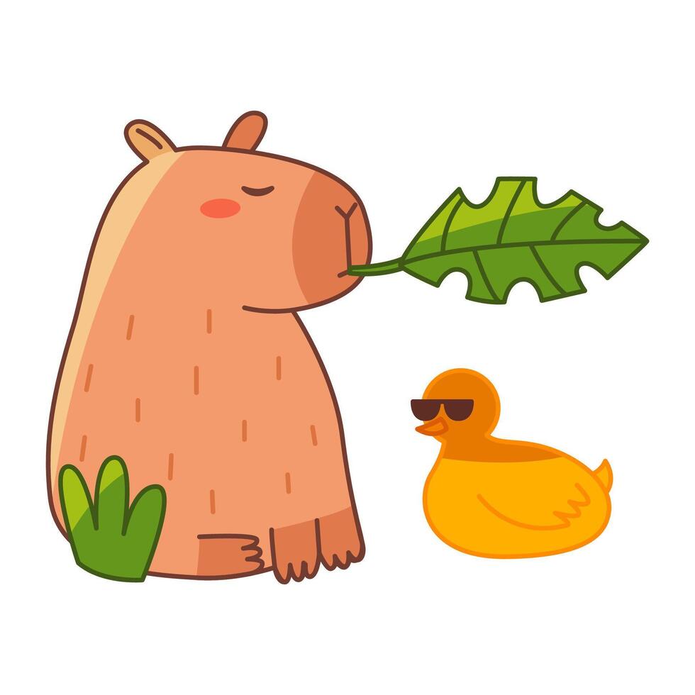 Funny Capybara and duck. Cute summer capybara. Flat illustration isolated on white background. vector