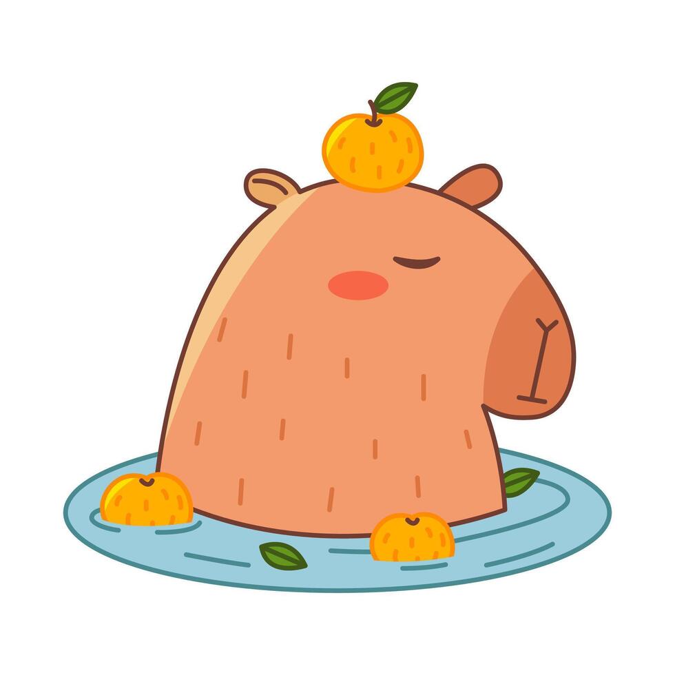 Capybara with oranges in water. Cute summer capybara. Flat illustration isolated on white background. vector