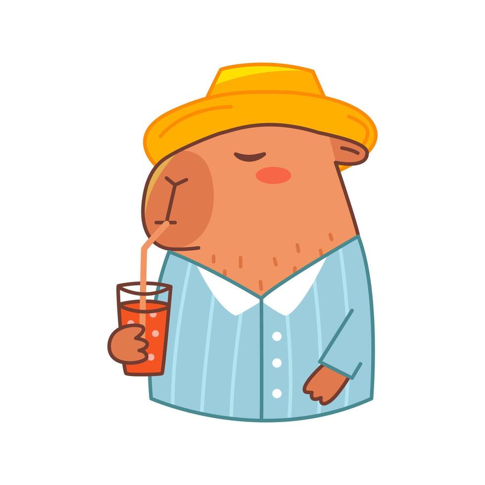Capybara in hat drink juice. Cute summer capybara. Flat illustration isolated on white background. vector