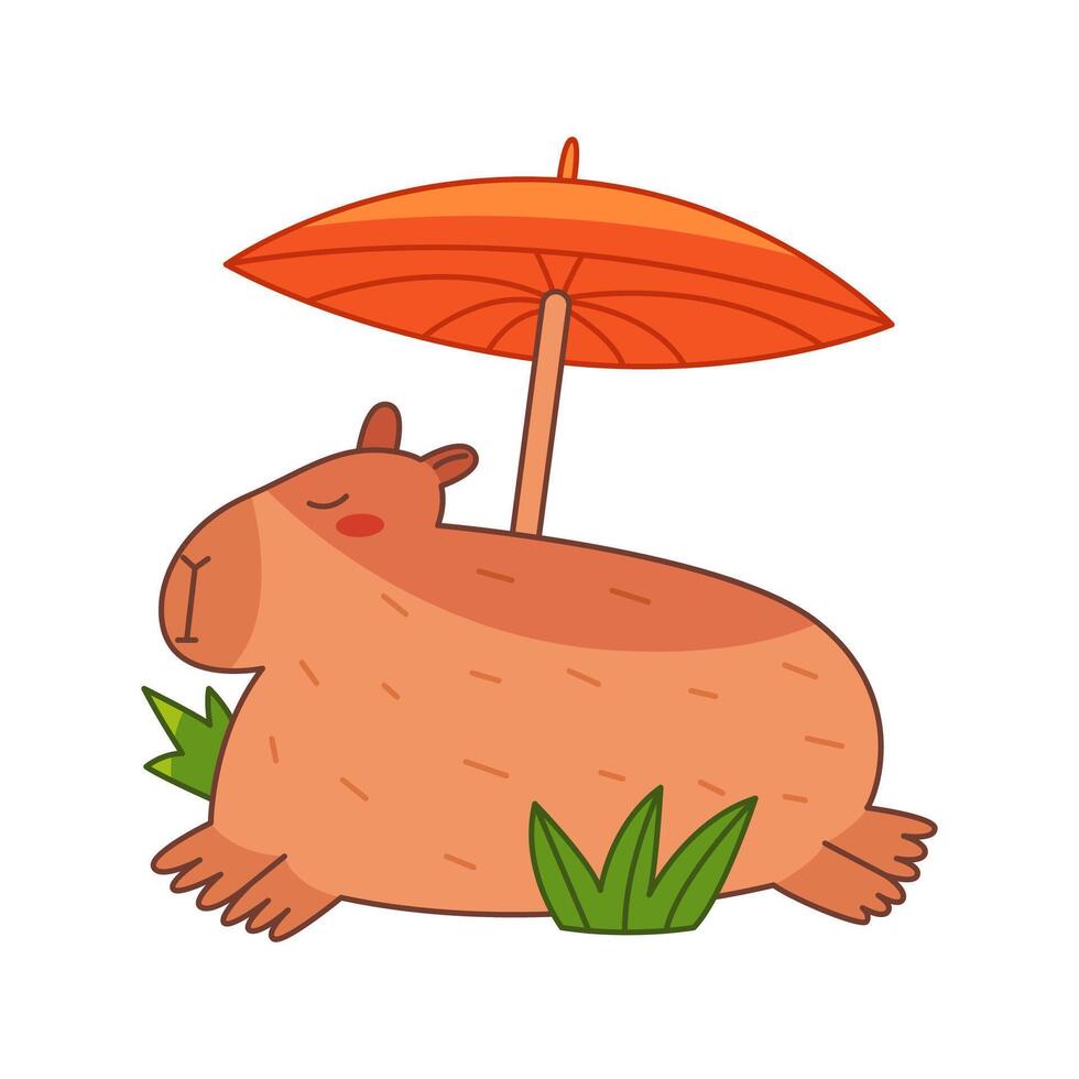 Capybara is lying under umbrella. Cute summer capybara. Flat illustration isolated on white background. vector