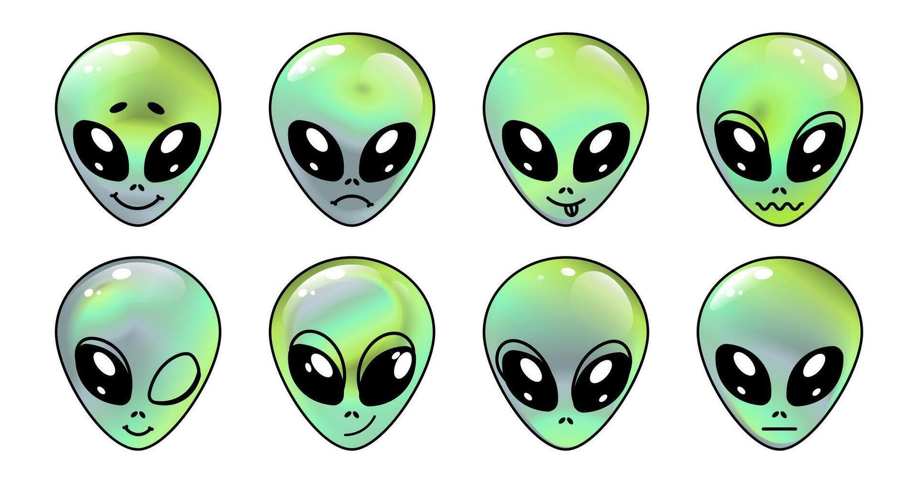 Green alien heads displaying various facial expressions set, including happy, sad, surprised, and mischievous. illustration is ideal for sticker designs, emojis, icons, digital art,sci-fi,print vector