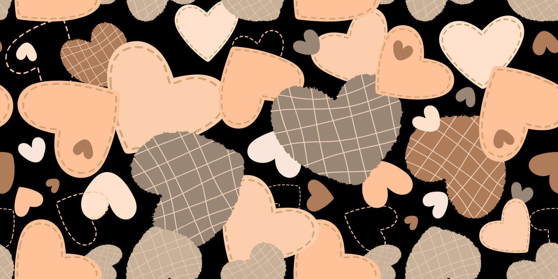 Seamless heart pattern with stitched, checkered, and solid heart shapes in warm beige tones. The patchwork style design adds a cozy and handmade aesthetic. for textiles, wallpapers, gift wrap. vector