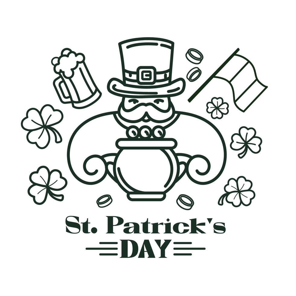Leprechaun with mustache in top hat, holding pot of gold surrounded by shamrocks, beer mug,coins, Irish flag, with Saint Patrick's Day text in line art style. St. Patrick's logo,emblem. vector