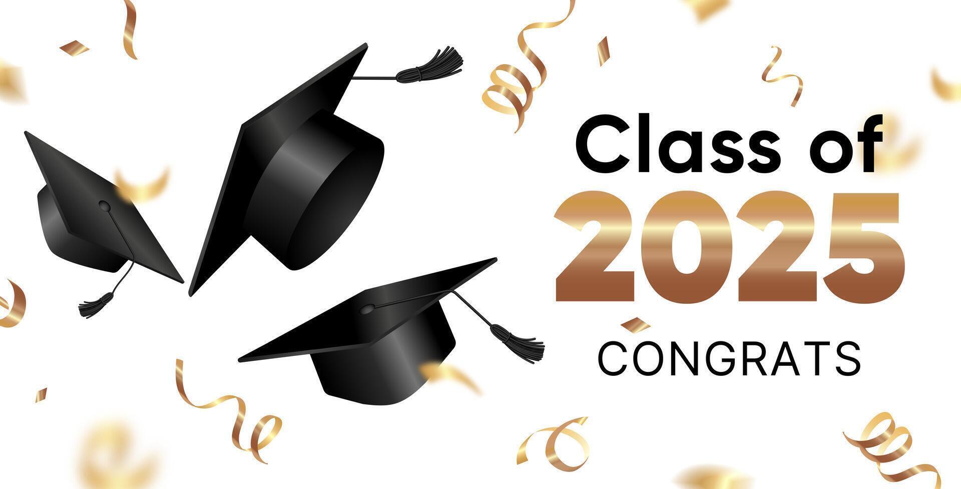 Class of 2025 graduation Festive design with black mortarboard caps tossed with gold confetti. Graduation concept banner, nnouncements, invitations, social media, and congratulatory cards. vector