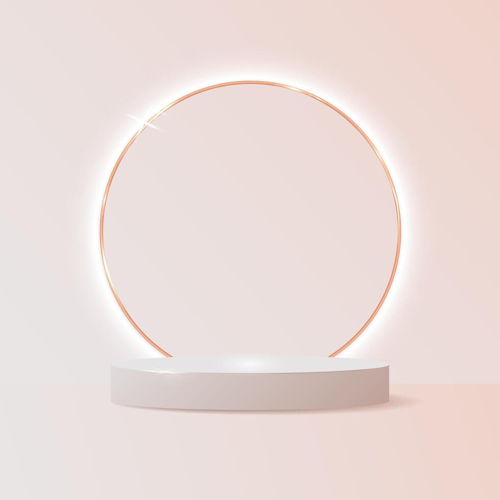 Minimalist 3D podium with a glowing golden ring,soft beige background. Elegant platform and illuminated circular frame create a luxurious look for product presentations, branding, cosmetics . vector