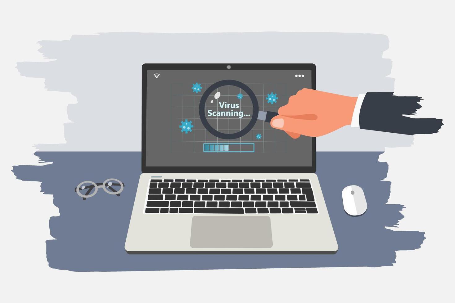 Virus scanning process on a laptop and hand holding a magnifying glass. Anti virus and bug protection technology concept. vector