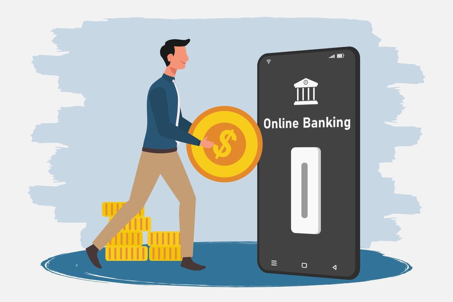 Businessman holding coins for saving. Financial transactions through online banking application on smartphone concept. vector