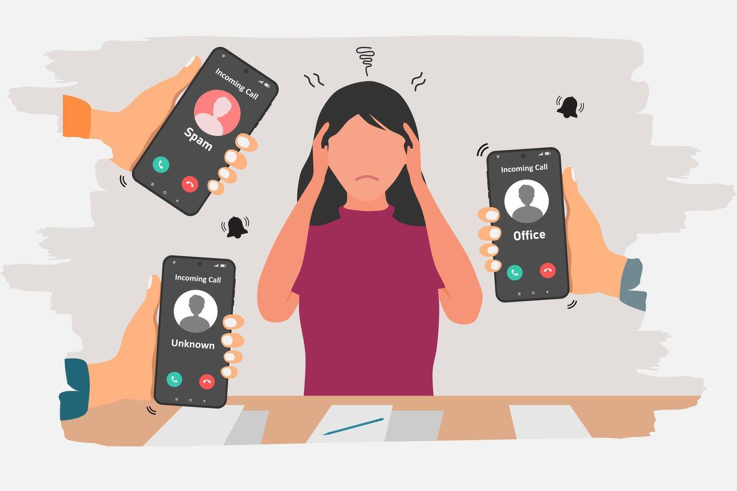 A busy woman is disturbed by the many incoming phone calls. Hand holding a smartphone with incoming call from unknown, spam, and office. vector