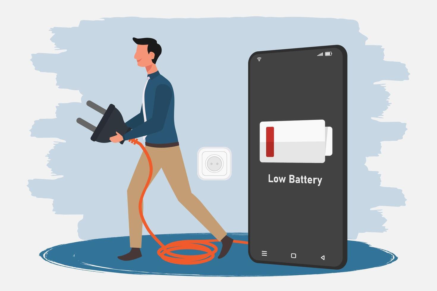 Man holding a mobile phone charger cable and low battery symbol on phone screen. vector