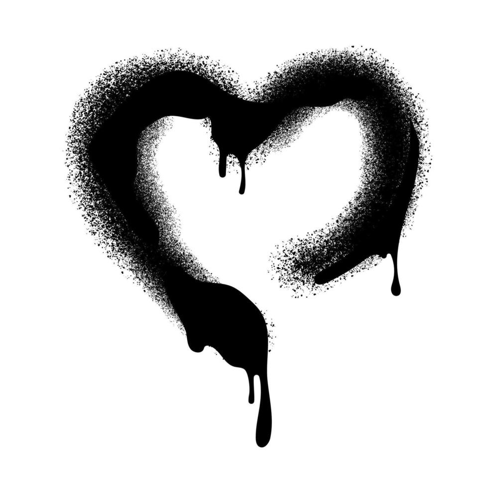 Black spray painted heart with a dripping paint effect and splatter texture, creating a grunge, urban, and artistic aesthetic. illustration vector