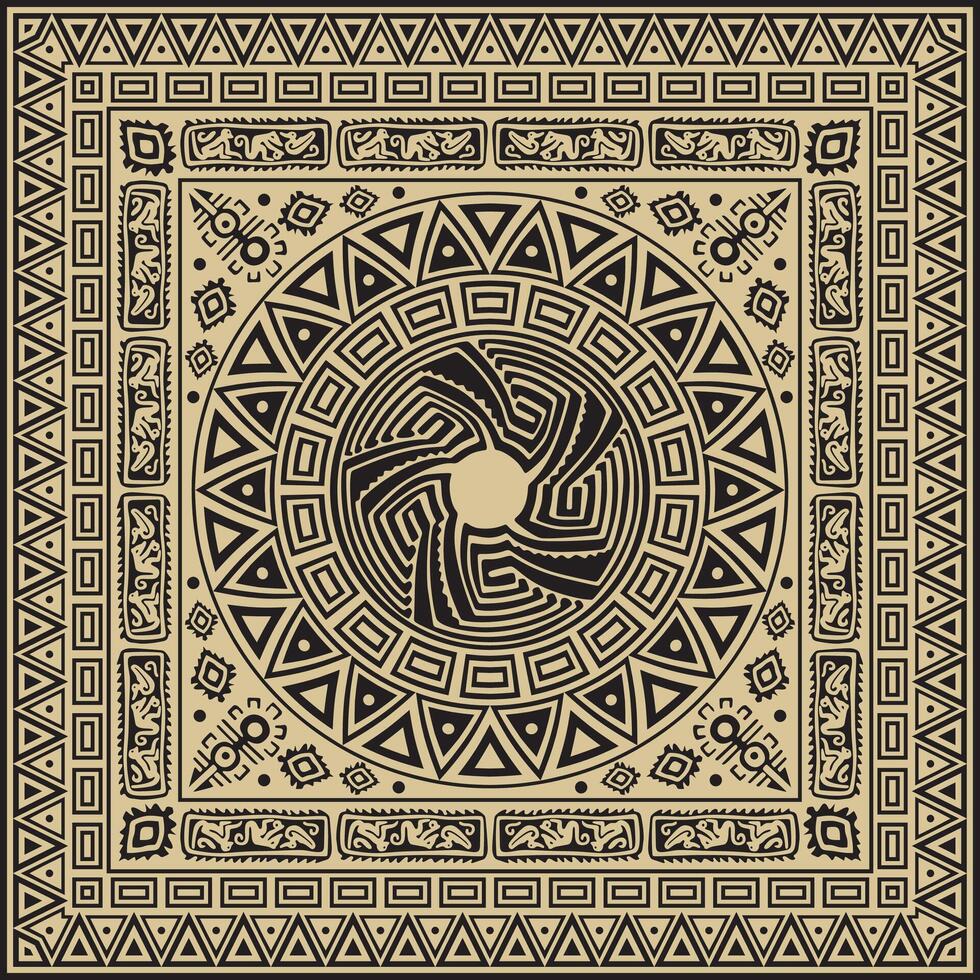 black and gold native american folk ornament. Square pattern, scarf of the peoples of America, Aztec, Inca, Maya vector