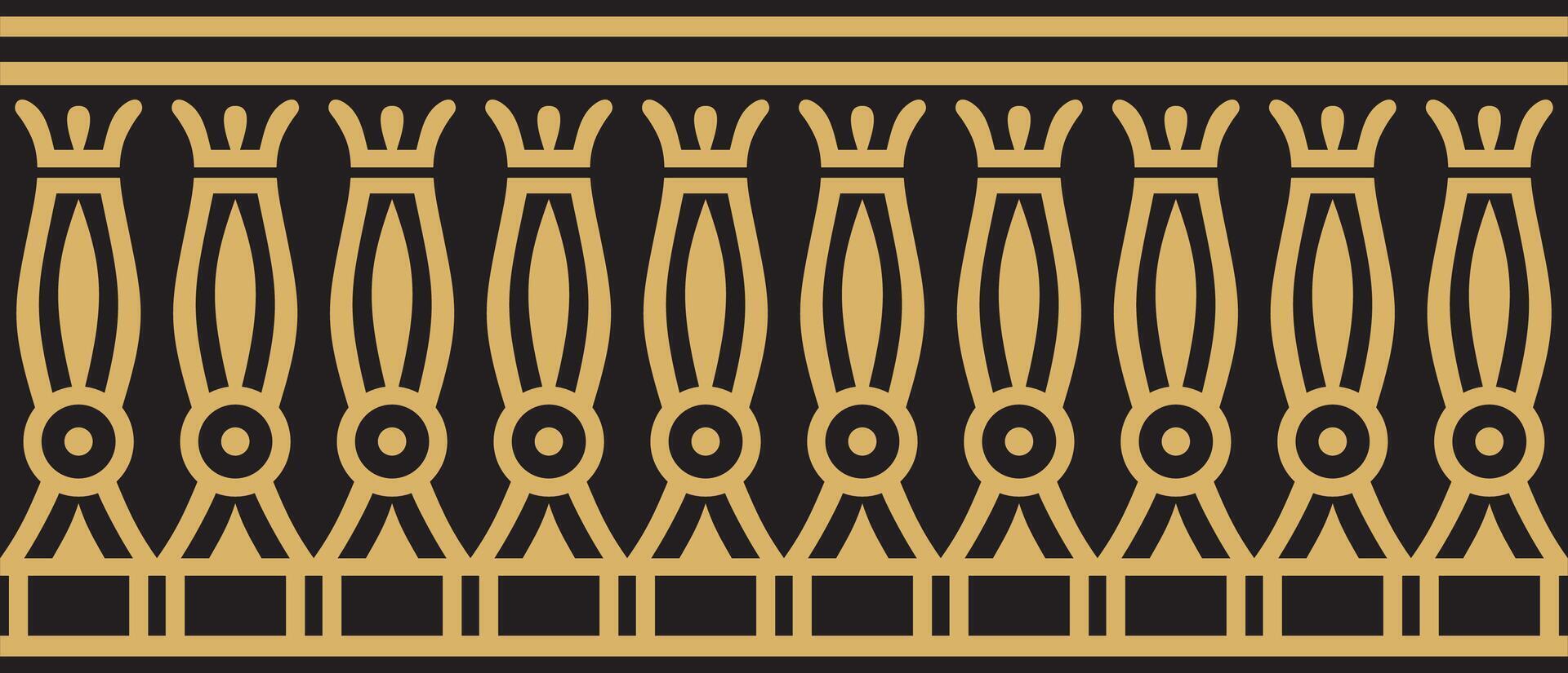 golden seamless Egyptian border. Endless ornament of Ancient Africa. Pattern of lotus flowers and sun vector
