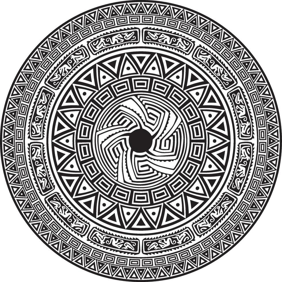 Native American round monochrome pattern. Geometric shapes in a circle. National ornament of the peoples of America, Maya, Aztecs, Inca vector