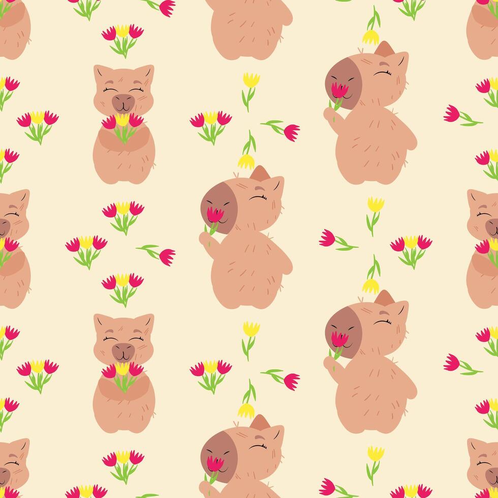 Seamless pattern featuring capybaras holding flowers, surrounded by delicate floral elements on a warm beige background vector