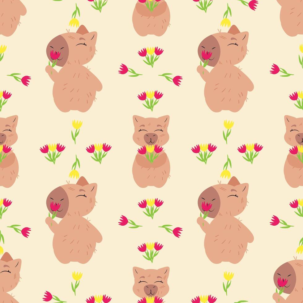 Seamless pattern featuring adorable cartoon capybaras enjoying flowers, surrounded by colorful tulips and daisies on a warm beige background vector