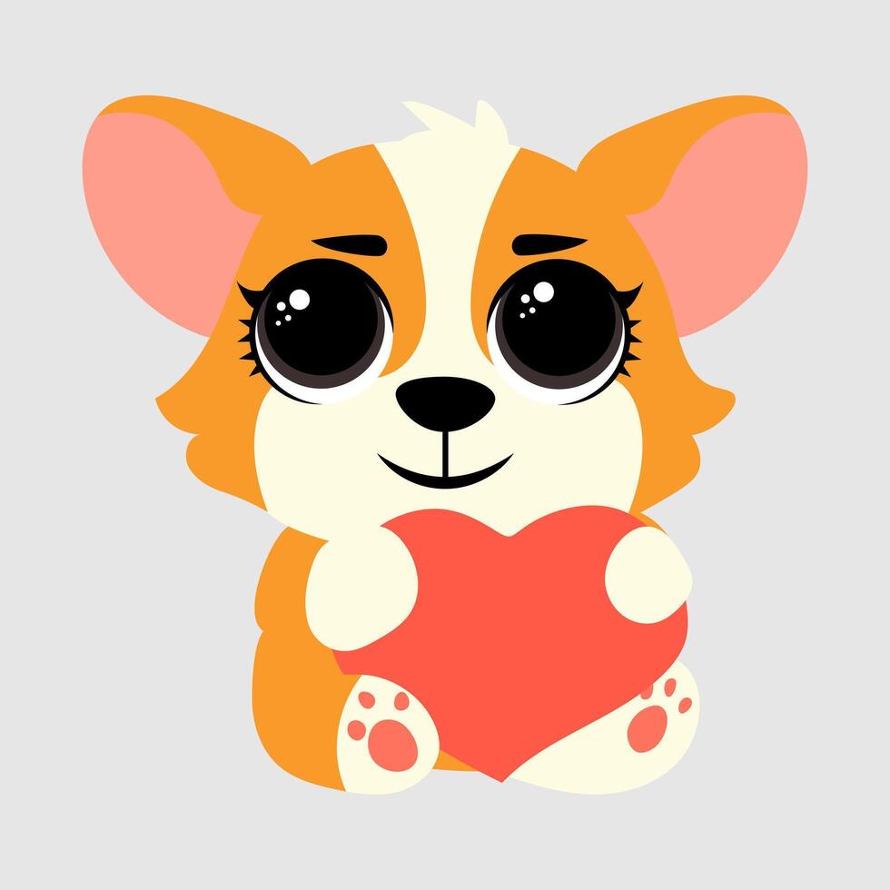 Adorable cartoon corgi holding a red heart with big sparkling eyes and a loving expression vector