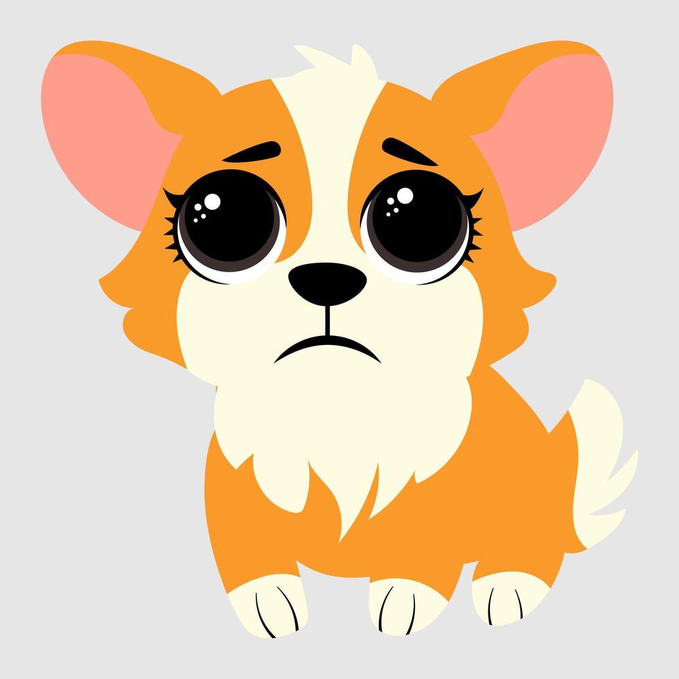 Adorable cartoon corgi with big sad eyes and a frowning face, looking lonely and heartbroken vector