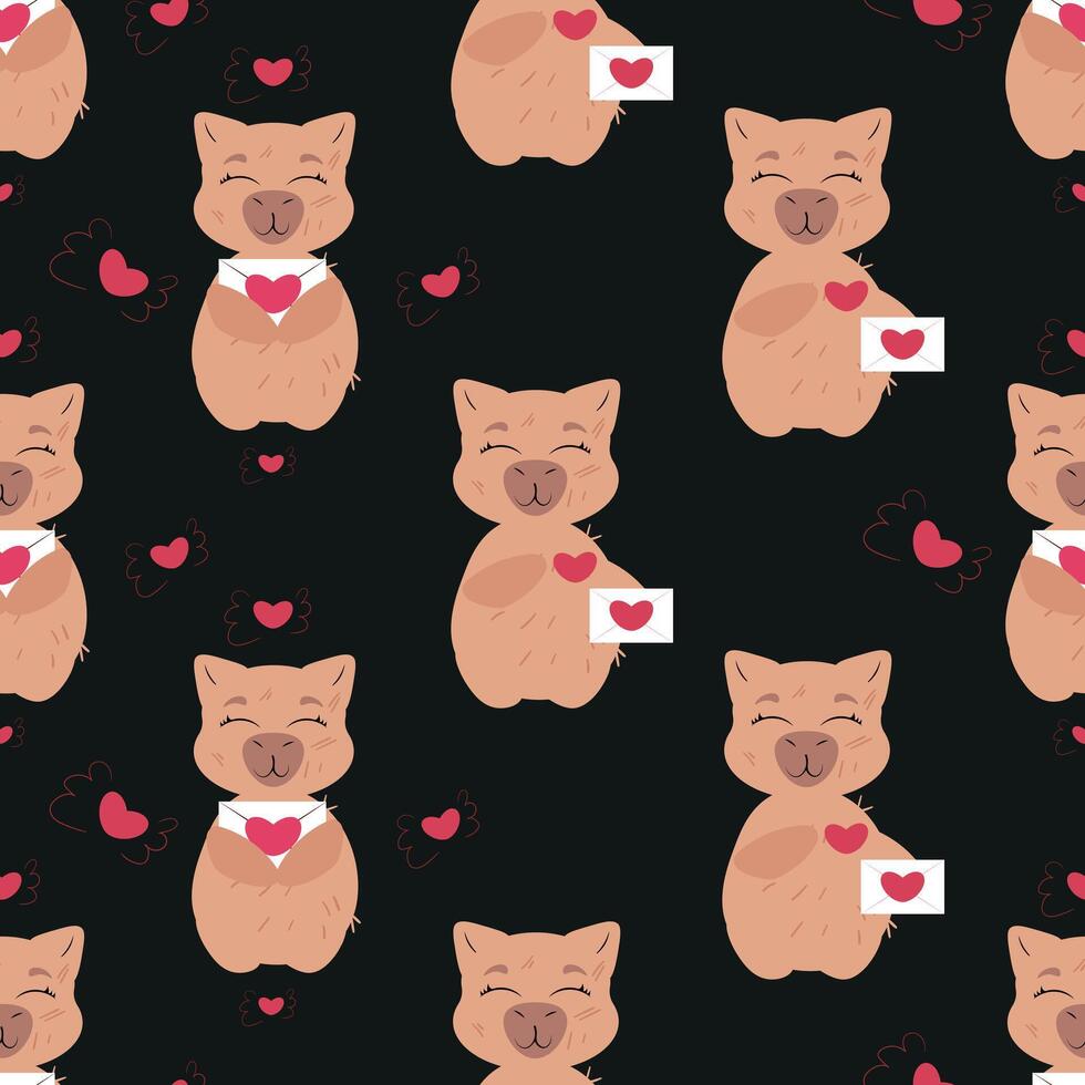 Seamless pattern of cute capybaras holding love letters on a dark background with floating hearts vector