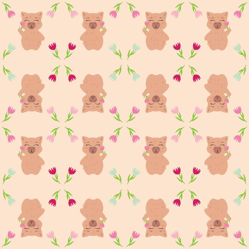 Seamless pattern featuring adorable capybaras holding flowers, surrounded by delicate floral elements vector