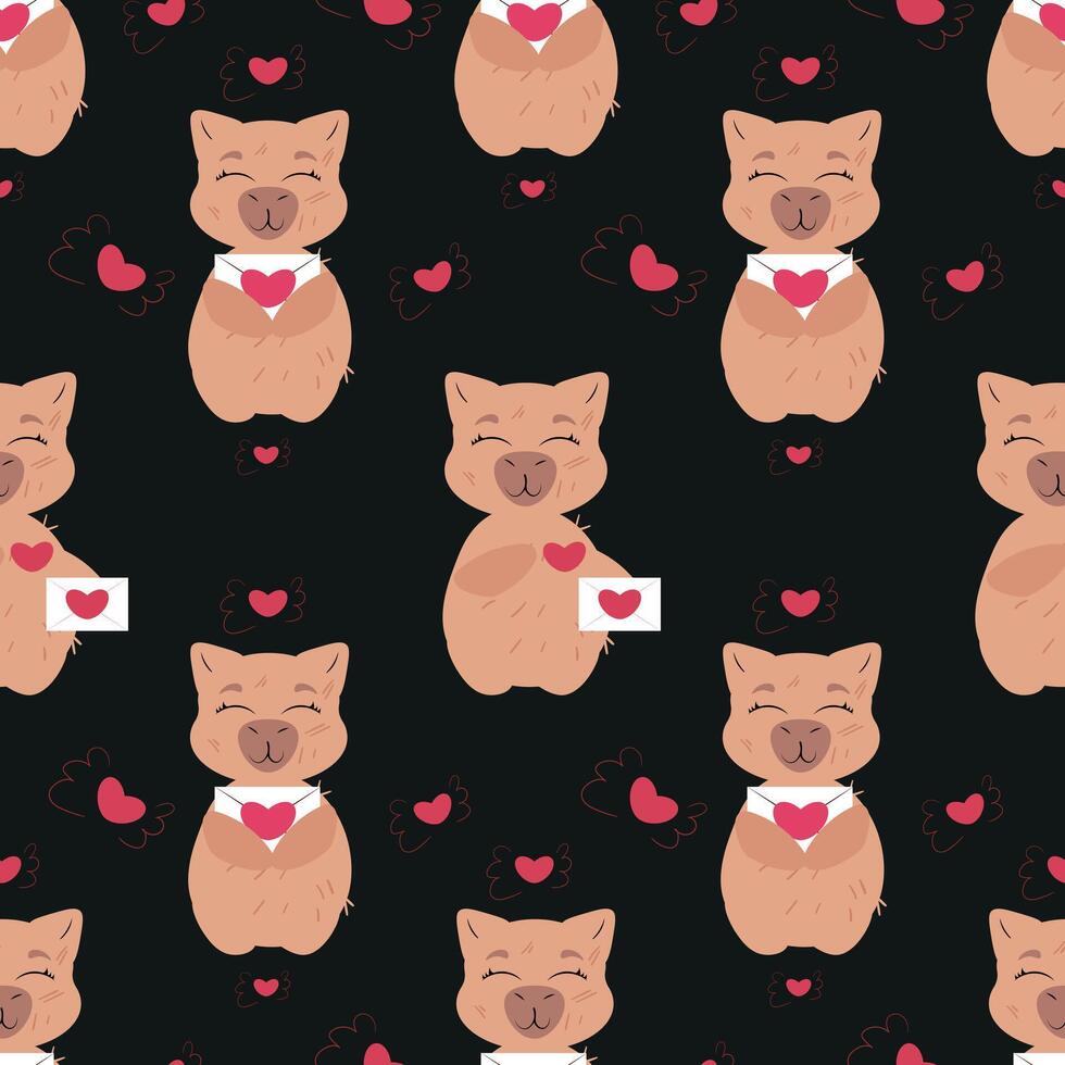 Elegant seamless pattern featuring adorable capybaras with love letters on a dark background vector