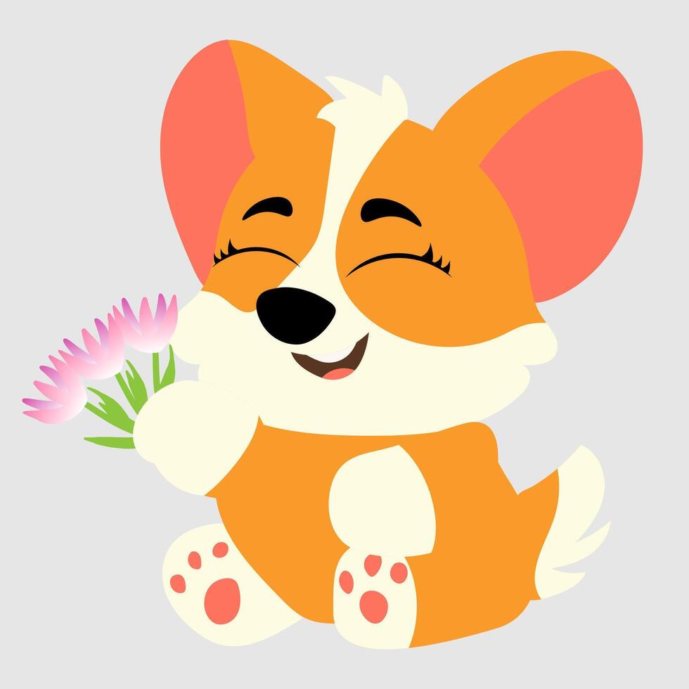 Adorable cartoon-style corgi holding a flower with a happy, smiling face vector