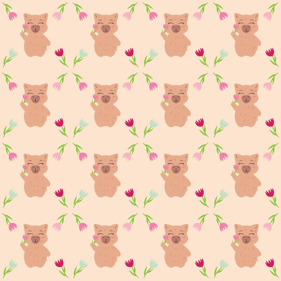 Seamless floral pattern featuring adorable capybaras holding delicate flowers vector