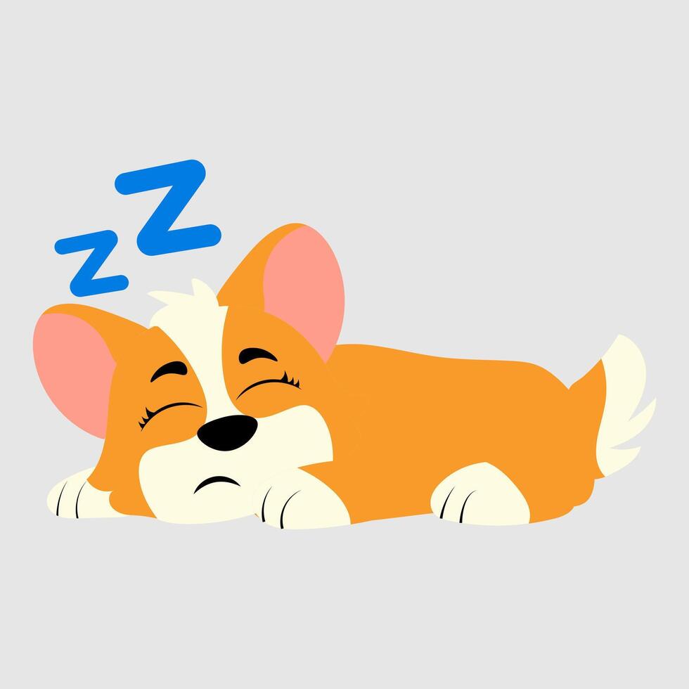 Adorable cartoon-style sleeping corgi with closed eyes, peaceful expression, and a 'Zzz' symbol above its head vector