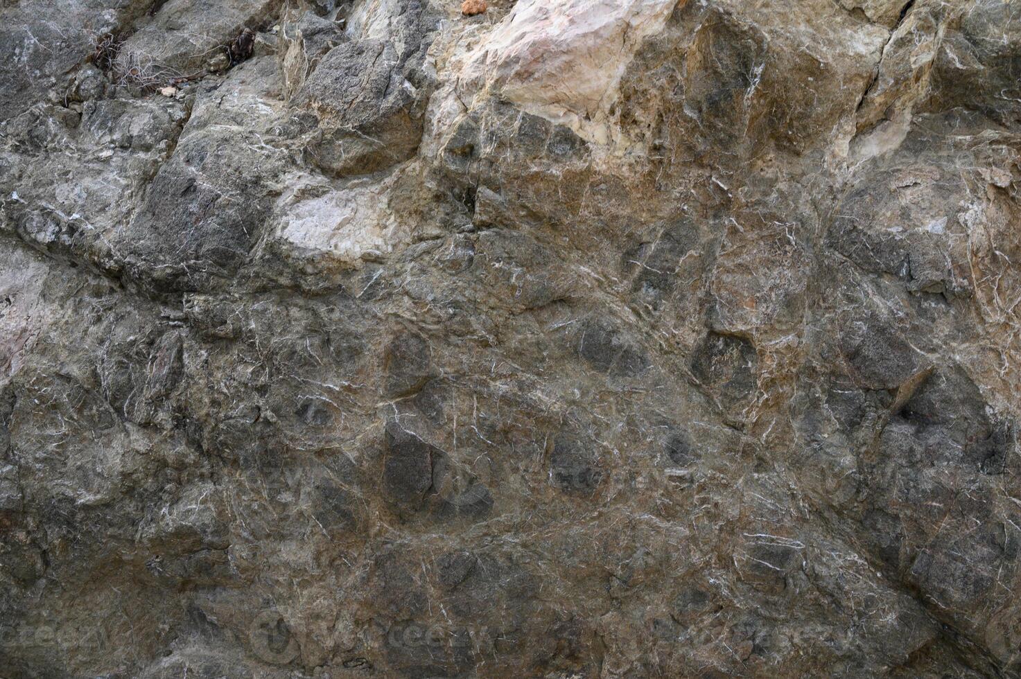 Natural textures emerge from rugged stone surface under soft daylight in a serene outdoor setting photo