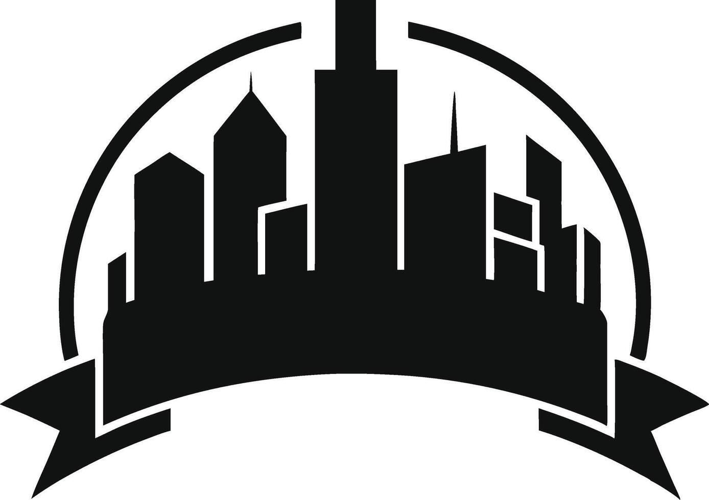 A black and white logo of a city with a ribbon vector