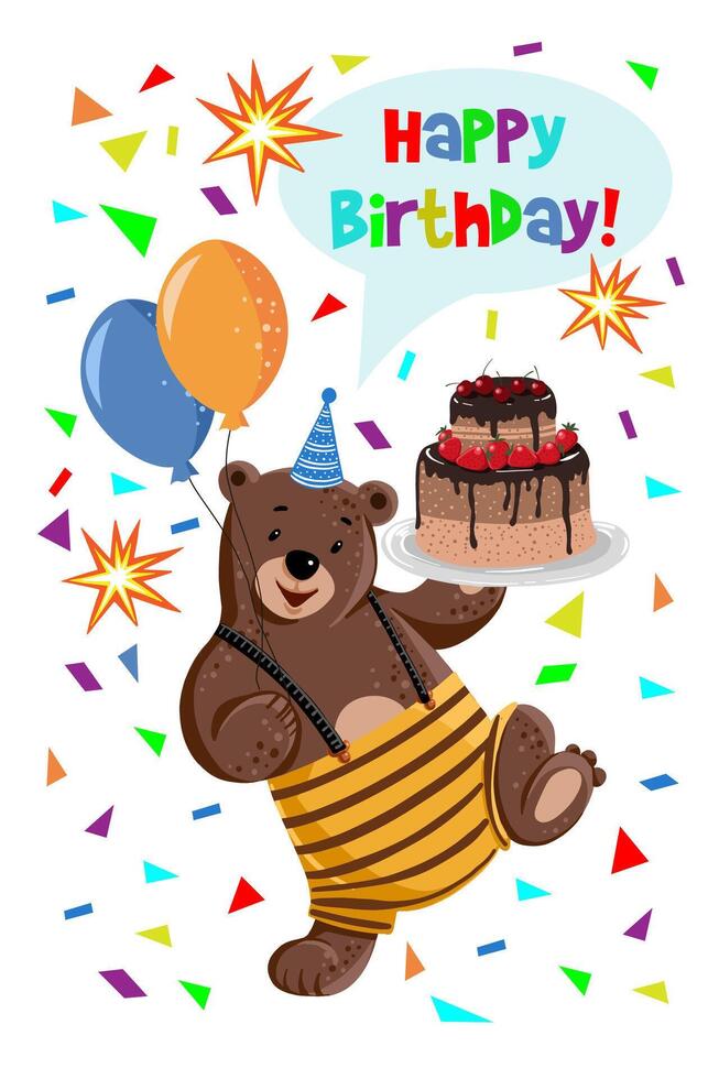 Birthday card with Cute cartoon bear with balloons and cake. vector