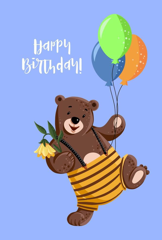 Postcard with Cute cartoon bear with balloons vector