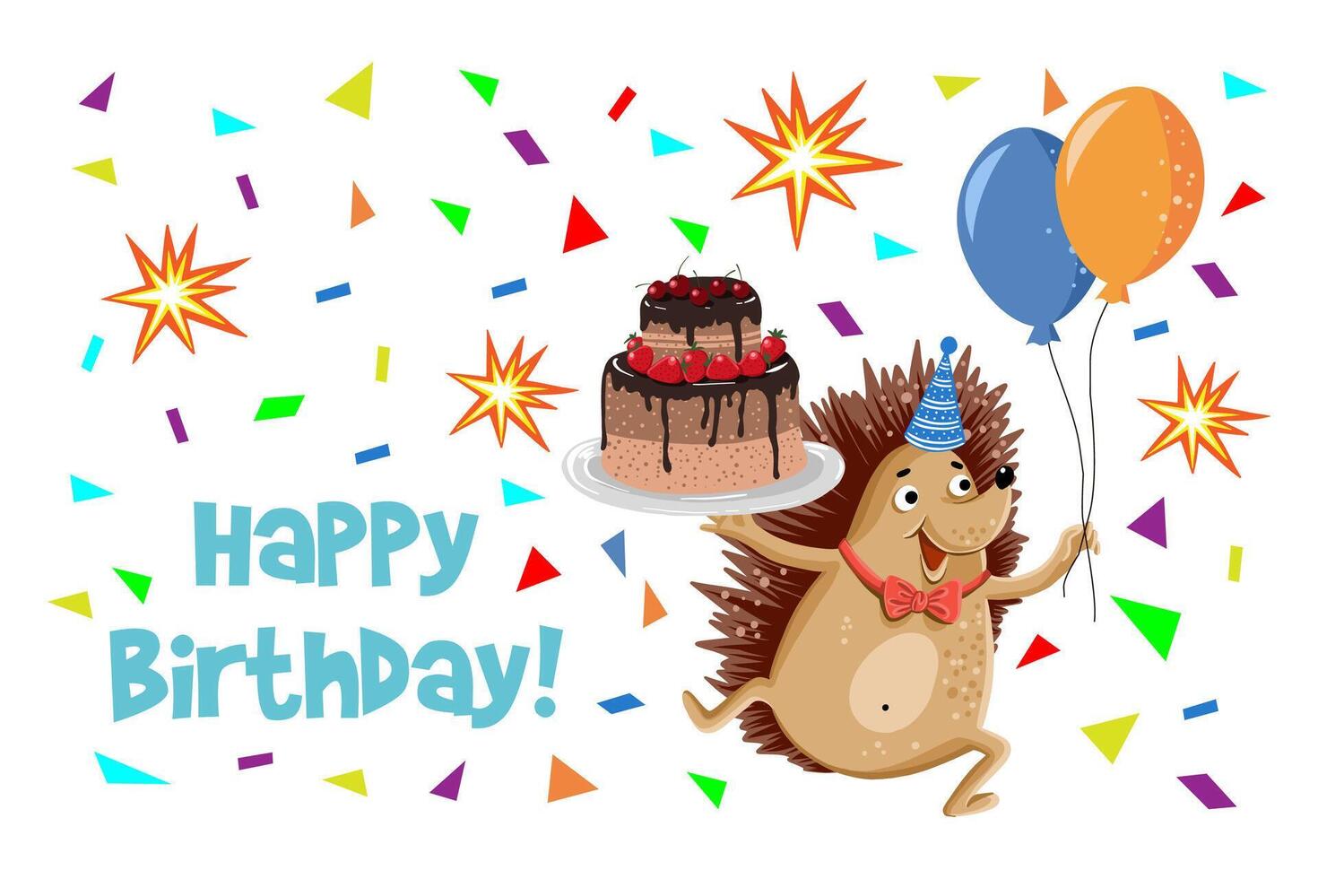 Cheerful cute hedgehog with balloons and cake, birthday card. vector