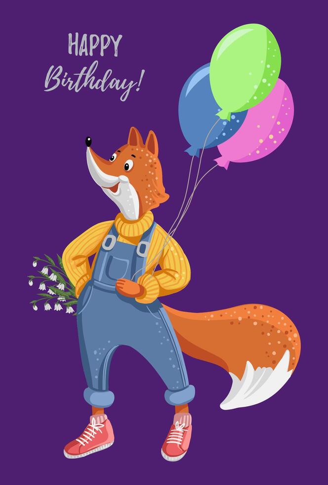 A postcard template with a cute fox and balloons. vector