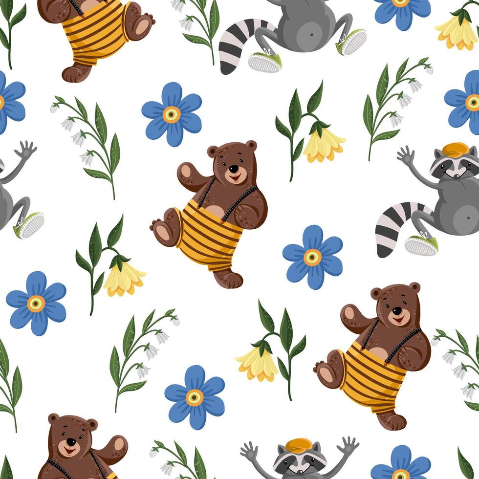 Seamless pattern with cute animals and flowers, including a bear and a raccoon vector