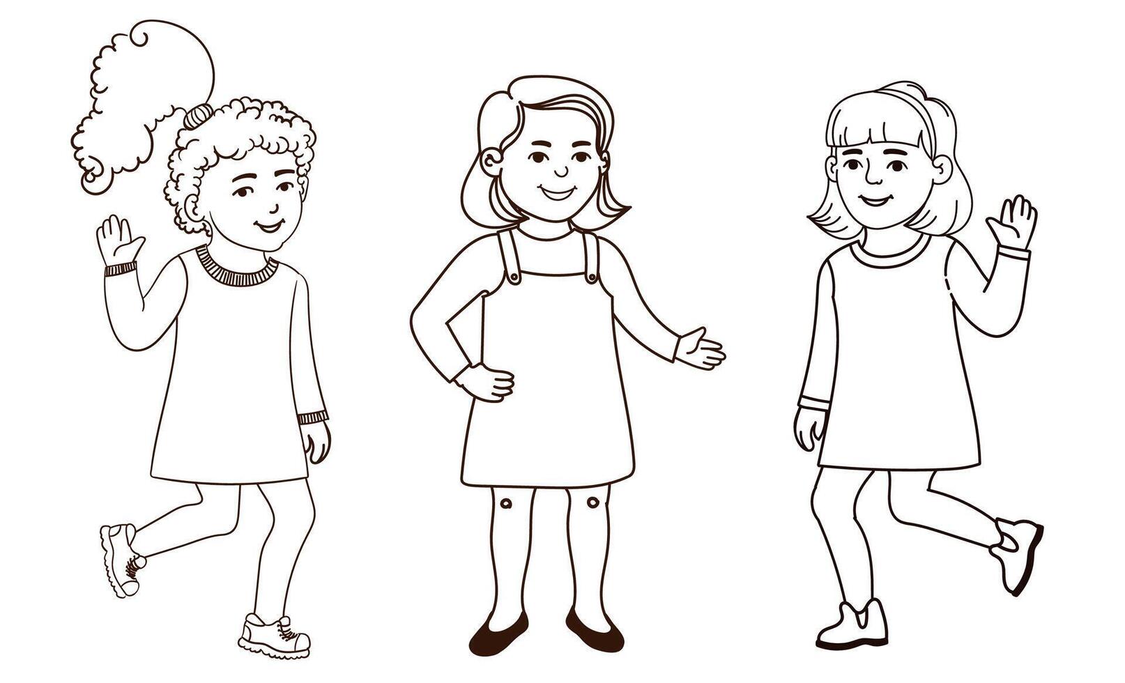 Outline Set of Illustration of Cute Little Girls Isolated on White Background vector