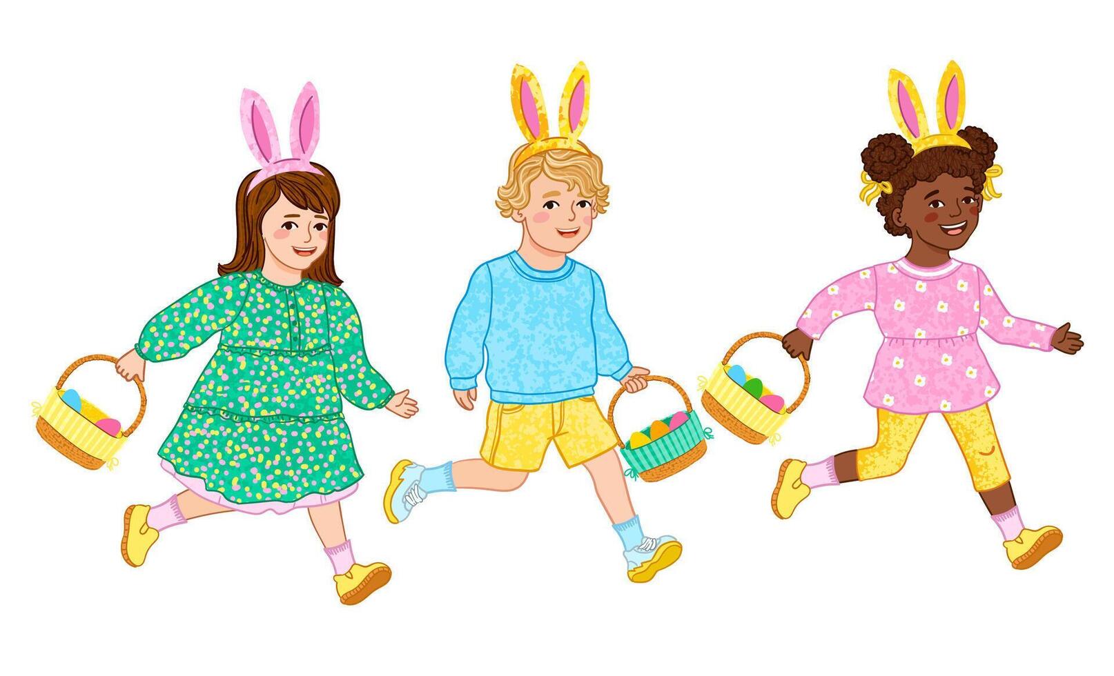 Colorful Set of Illustration of Cute Children Run with Easter Baskets Isolated on White Background vector